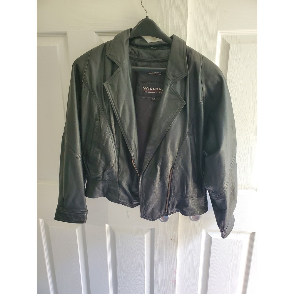 Wilsons Leather Black Biker Jacket Thinsulate Lace Up Back Vintage Womens Large